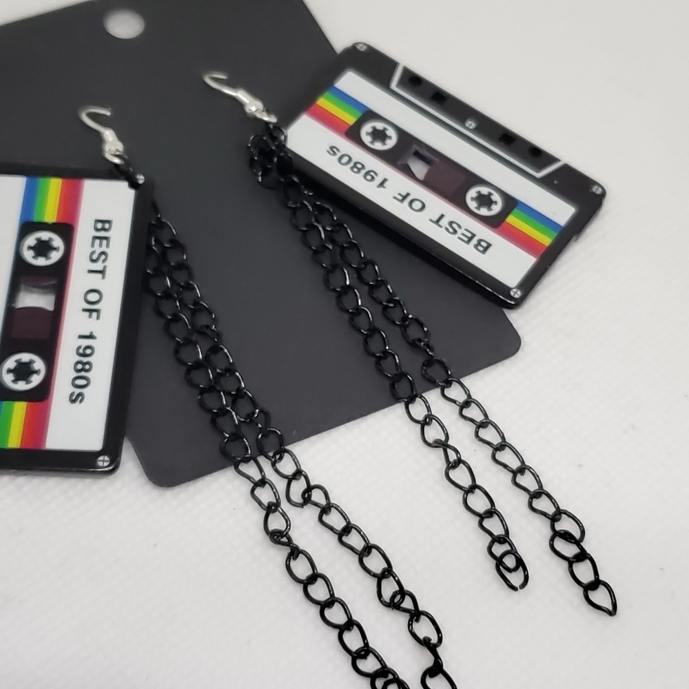 Handmade Best of 1980s Retro Cassette Tape Dangle Earrings - Picture 4 of 5